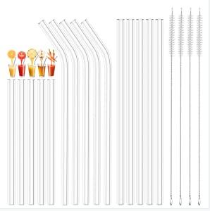Glass Straws, Kmeivol 19 PCS Reusable Glass Straw, 5 Straight 8" x 10mm, 5 Bent 8" x 10mm, 5 Straight 6" x 10mm Reusable Straws, Straws Reusable with 5 Cleaning Brushes , Smoothie Straws for Drinking