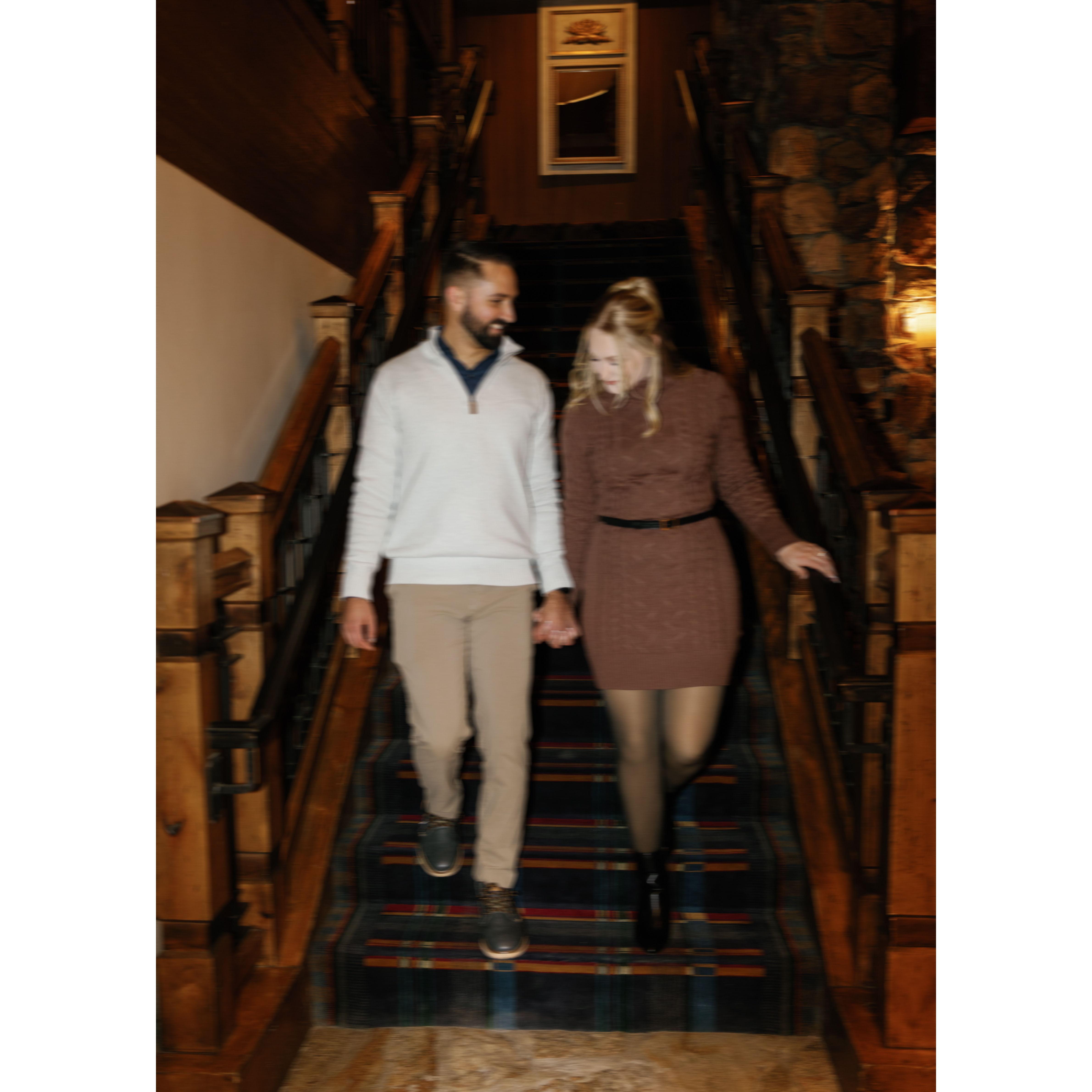 November 2024 -- Walking down the stairs of the Stein Erickson Lodge after getting engaged.