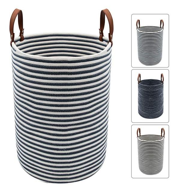 TOTANKI X-Large Laundry Storage Basket - 15.7 Inches(D) x 19.7 Inches(H) - Collapsible Cotton Rope Woven Basket with Leather Handles for Storing Clothing, Diapers, Toys (Blue Strips)