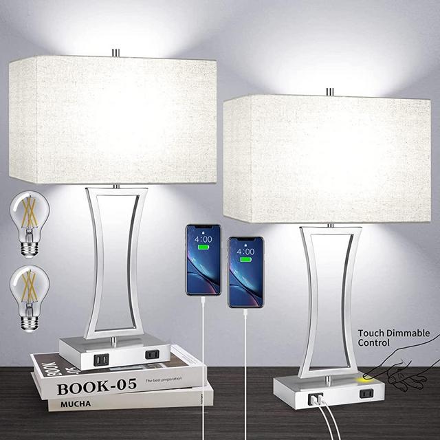 Set of 2 Touch Control 3-Way Dimmable Table Lamp, Nightstand Lamp with USB Port AC Outlet Bedside Nightstand Lamp for Living Room, 22in, Cream Shade, Daylight White Bulbs Included