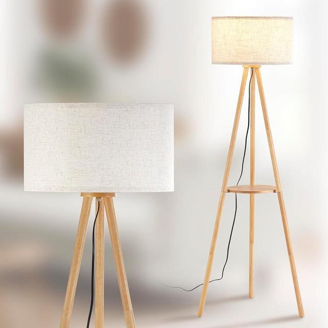 Baobab Tree Park Wood Tripod Floor Lamp with Shelves,Linen Shade Modern Mid Century Wooden Standing Floor lamp for Living Room,with Three Color temparature Bulb Included,ETL Listed/Natural Wood Color