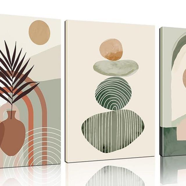 ZHAOSHOP Boho Art Wall-Decor - Green Canvas Wall Art for Bedroom - 3 Piece Wall Art Decor Stretched and Framed Ready to Hang Size 16" x 12"
