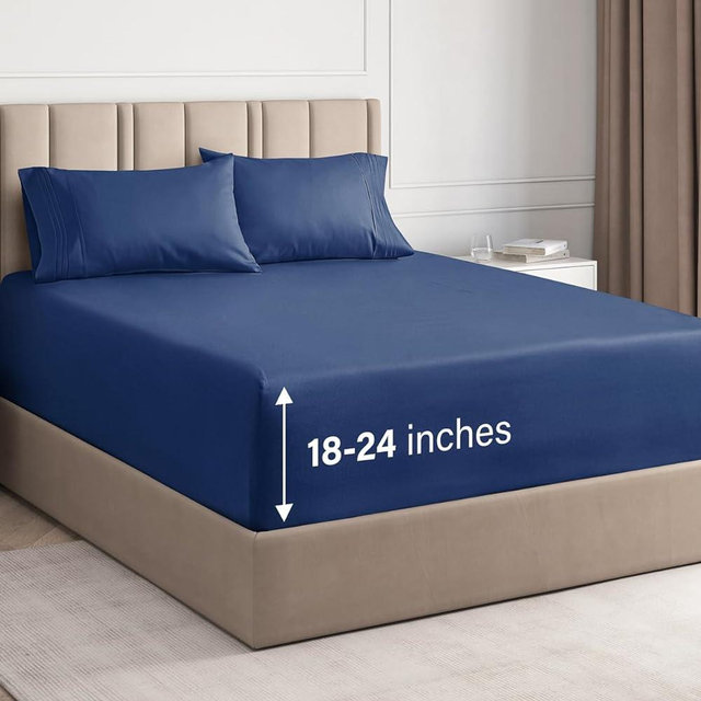 Extra Deep Pocket Queen Sheets - 4 Piece Breathable & Cooling Bed Sheets - Hotel Luxury Bed Sheet Set - Soft, Wrinkle Free & Comfy - Easily Fits Extra Deep Mattresses - Deep Pocket Navy Blue Sheets