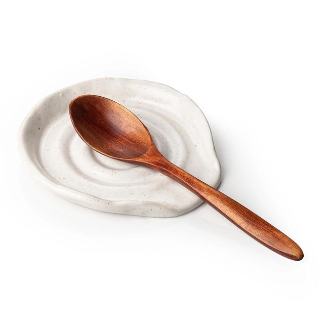 Besmeety Ceramic Spoon Rest for Stove Top, Spoon Holder for Kitchen Counter, Spatula Rest, Farmhouse Utensil Holder (Speckled White)