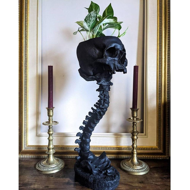 abocyn Skull Planter & Spine Stand, Resin Skeleton Flower Pot, Gothic Spooky Halloween Home Decor, Horror Skull Decor, Candy Bowl, Halloween Decorations for Home Office Indoor Outdoor Decor