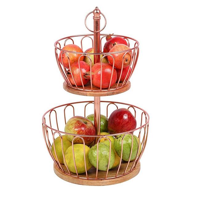 2 Tier Fruit Basket with Mango Wood Base, Stylish, Durable and Vegetable Storage Rack, Perfect Hanging Wire Bowl for Kitchens, Dining Rooms and Pantries