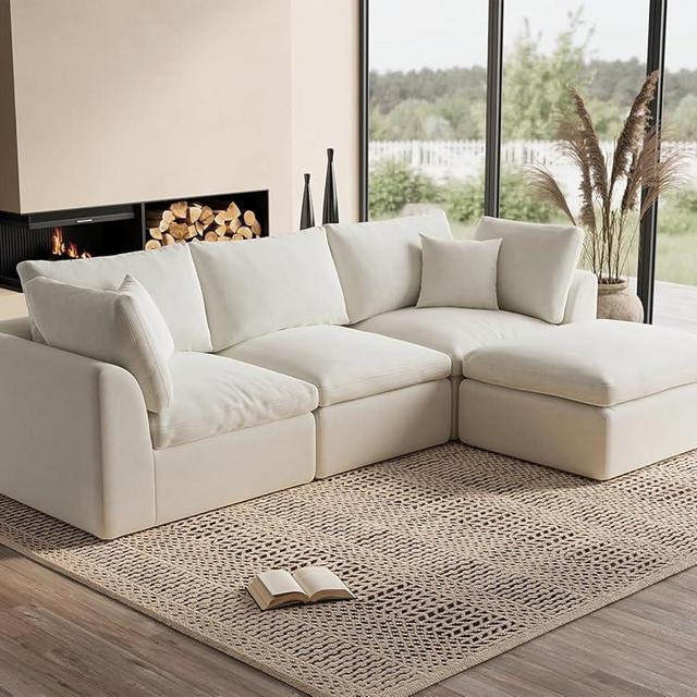 ohllob 110" Cloud Sectional Couches for Living Room, Convertible L-Shape Couch with Ottoman, 3 Seater Modular Sectional Sofa, Warm White