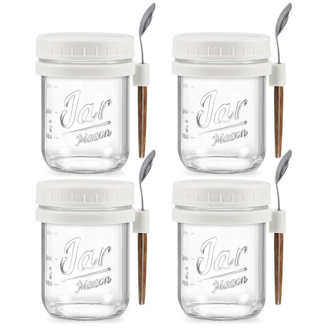 LANDNEOO 4 Pack Overnight Oats Containers with Lids and Spoons, 16 oz Glass Mason Jars with Airtight Lids, Overnight Oats Jars for Milk, Cereal, Fruit-White
