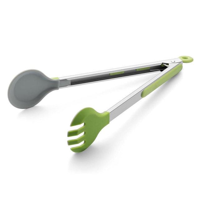 12 Inch Cooking Tongs, 2-in-1 Design with 0.5oz Measure Spoon, Stainless Steel Kitchen Tongs with Silicone Tips, Non-Stick Food Tongs for Cooking, Grilling, BBQ, Salad, Buffet, Serving (12", Green)