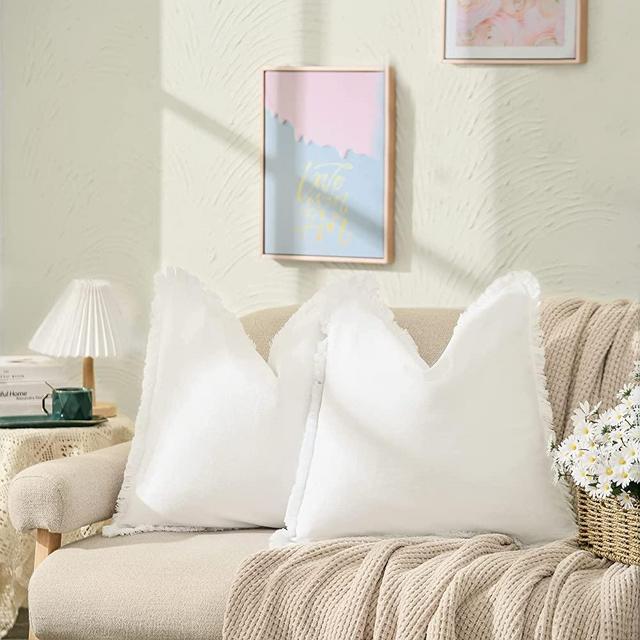 ZWJD Pillow Covers 20x20 Set of 2 Cream Throw Pillow Covers with Fringe Chic Cotton Decorative Pillows Square Cushion Covers for Sofa Couch Bed Living Room Farmhouse Boho Decor