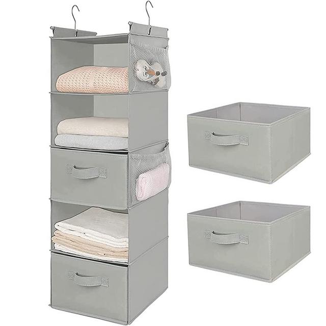 MAX Houser 5 Tier Shelf Hanging Closet Organizer, Cloth Hanging Shelf with 2 Sturdy Hooks for Storage, Foldable (Light Grey-D2)