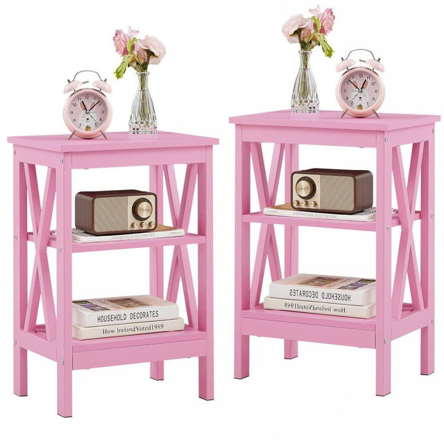 VECELO End Table Set of 2, Bedside Table, 24" Tall Living Room End Tables, X-Design Reinforced Nightstands, Side Table with 3-Tier Storage Shelves for Small Spaces, Office, Bathroom, Bedroom, Pink