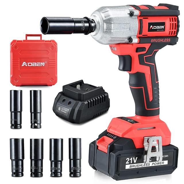 AOBEN 21V Cordless High Torque Impact Wrench 1/2 inch, Powerful Brushless Motor with Max Torque 450 ft-lb (600N.m), 4.0Ah Battery, 6 PCS Sockets (17-22mm), Fast Charger and Tool Box