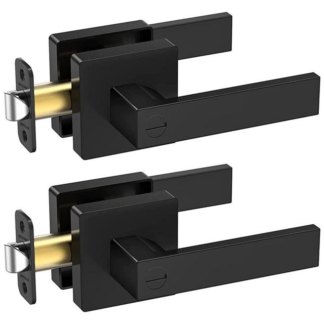 TICONN Black Door Handle Heavy Duty, Matte Black Door Knob Reversible Square Door Lever for Bedroom, Bathroom and Rooms (Privacy Lock, 2-Pack)