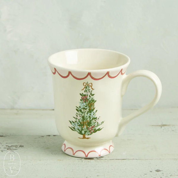 CHRISTMAS TREE STONEWARE MUG-GREEN TREE WITH BOWS