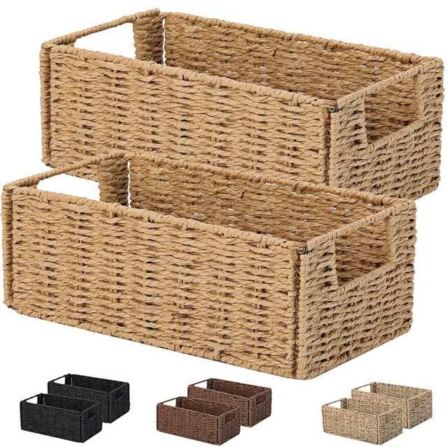 Small Wicker Storage Baskets, Vagusicc Hand-Woven Paper Rope Storage Organizer Baskets Bins (Set of 2), Toilet Paper Small Wicker Baskets with Handles for Organizing Toilet Shelves Pantry, Natural