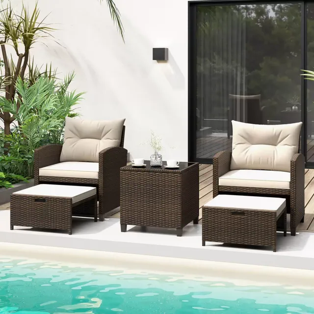 Costway 5 Piece Patio Rattan Furniture with 2 Ottomans & Tempered Glass Coffee Table Off White