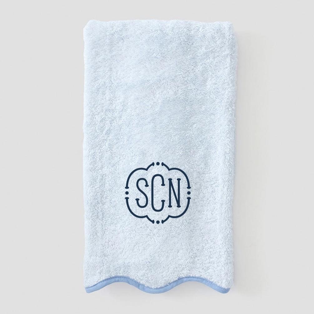 Weezie | Scallop Bath Hand Towels (Pair) (French Blue on Light Blue) (Navy Monogram)