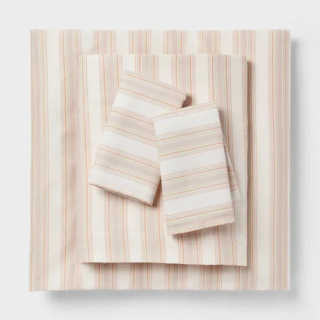 Queen Cotton Blend Sateen Sheet Set Ivory/Pink Textured Stripe - Room Essentials™