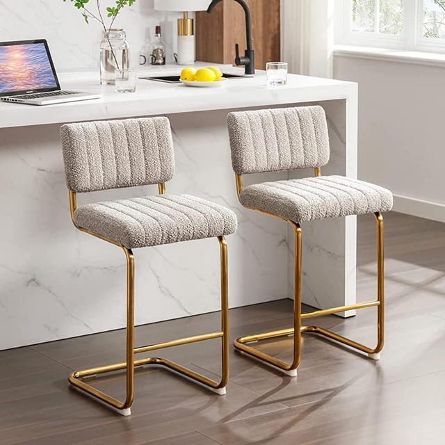 Zesthouse Mid-Century Modern Counter Height Stools for Kitchen Set of 2, 26 Inch Armless Bar Stools with Gold Metal Chrome Base for Dining Room, Upholstered Boucle Fabric Counter Stools, Grey Khaki