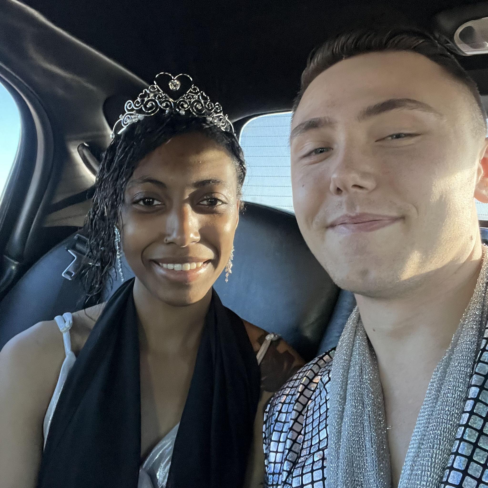 In a limo on our way to a surprise proposal site.