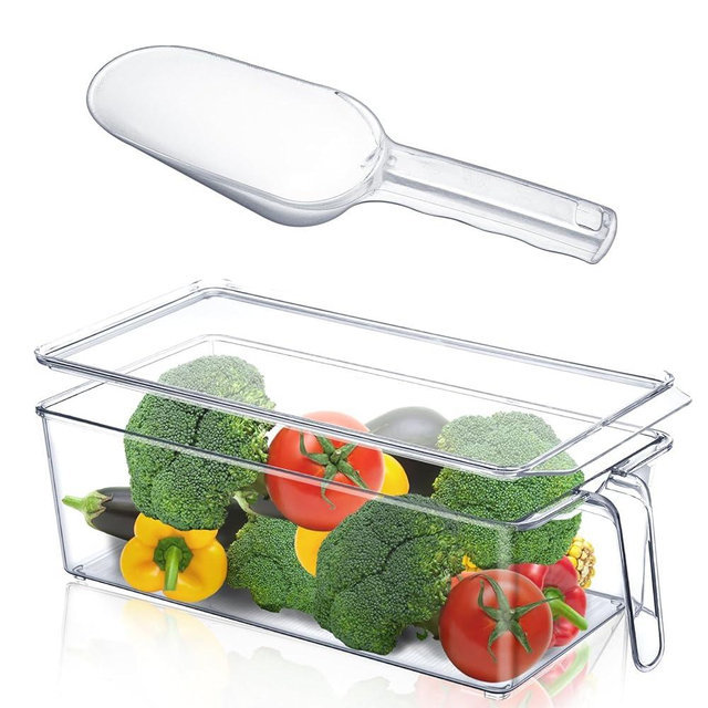 Havawish 2 Pcs Ice Storage Bin for Freezer with Lid and Flexible Scoop Set Plastic Ice Container with Lid Handle for Home Office Fridge Storage (12.4 x 5.91 x 3.94 Inches,Clear)