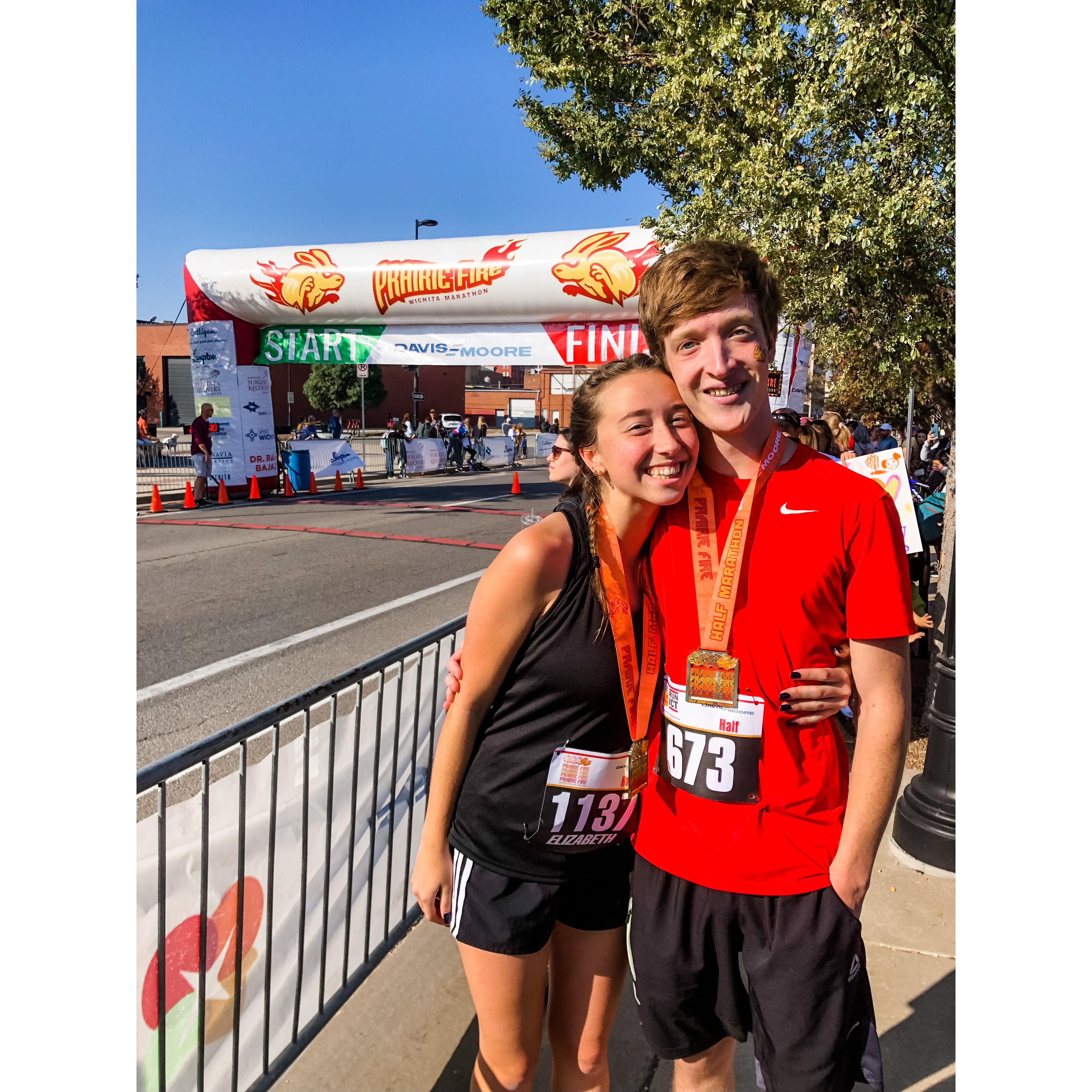We ran a half marathon together!! I drug his butt across the finish line haha
