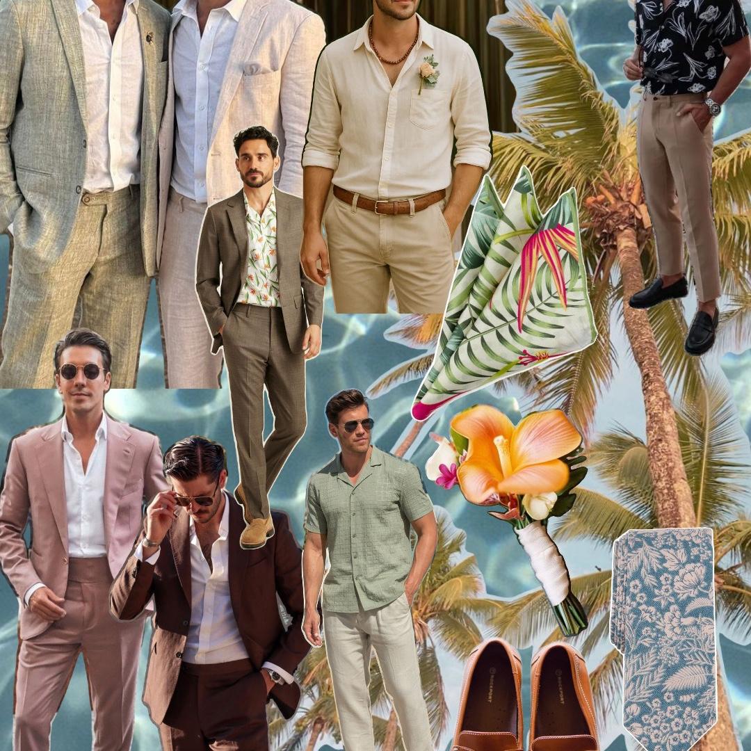 wedding vibe for the guys - linen suits, button ups, pops of color, dress shoes, ties and jackets optional. *this is meant to be inspo, not a strict guide!*