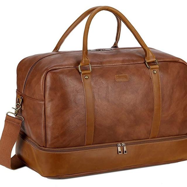 BAOSHA Leather Large Travel Duffel Tote Bag Carry On Weekender Overnight Bag With Shoe Compartment HB-38 (Brown)