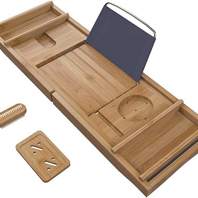Bath Caddy Tray for Bathtub - Bamboo Adjustable Organizer Tray for Bathroom with Free Soap Dish Suitable for Luxury Spa or Reading(Walnut)