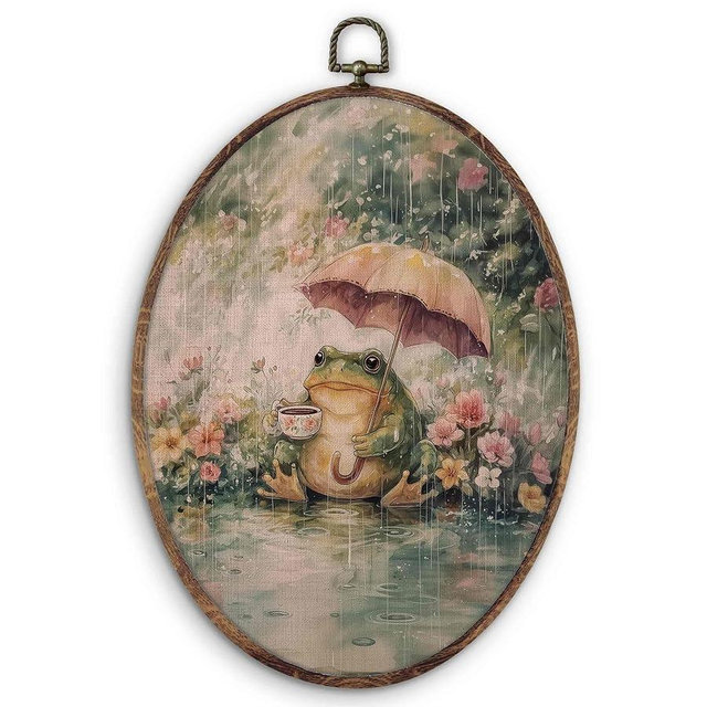 KTYHD Cottage Core Frog Oval Wall Art Decor, Cottage Core Whimsical Frogs Oval Frame Canvas Wall Art, Cottagecore Whimsy Frog Bedroom Room Decor Home & Kitchen