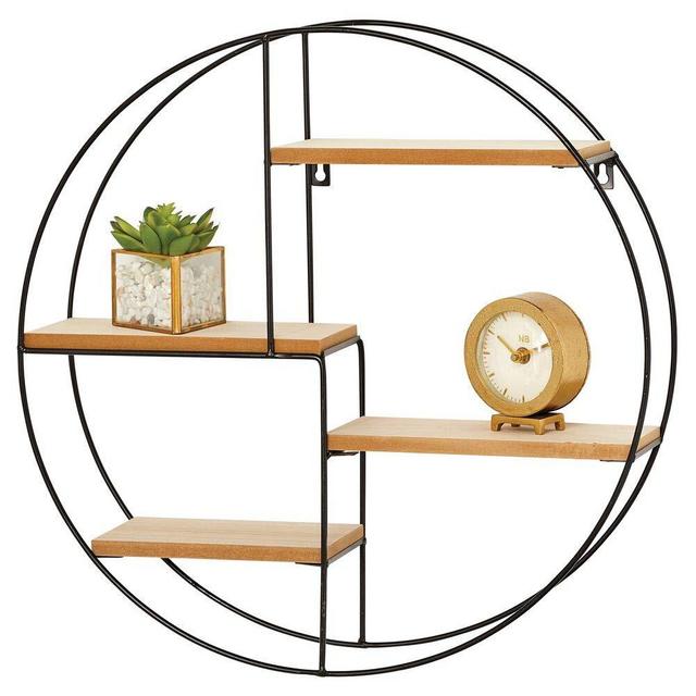 mDesign Round Metal Wall Mount Display Organizer Holder, 4 Shelf - to Store and Show Off Small Collectibles, Figurines, Mugs, Succulent Plants - Black/Natural