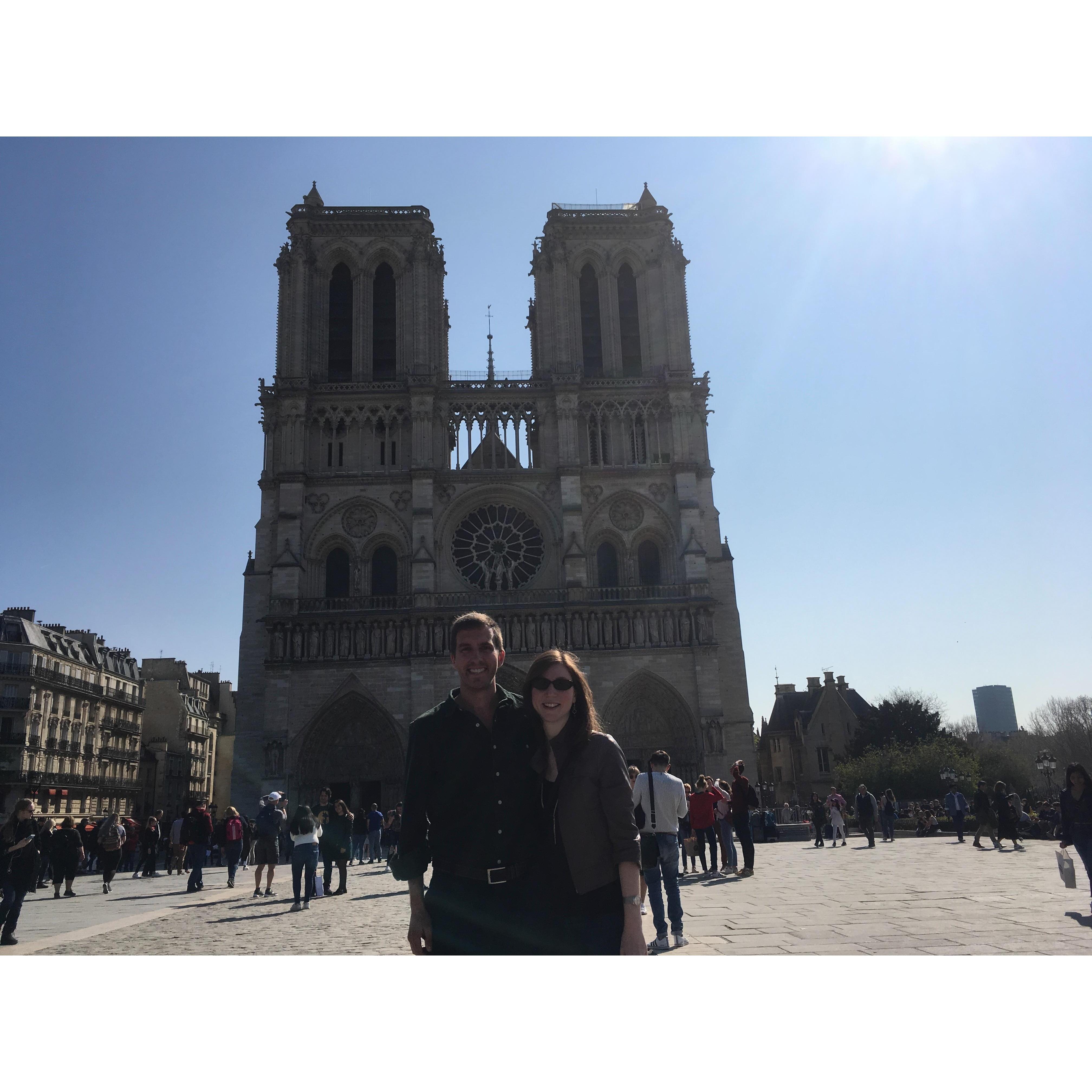 Outside Cathédrale Notre-Dame de Paris one week before it caught fire in April 2019.