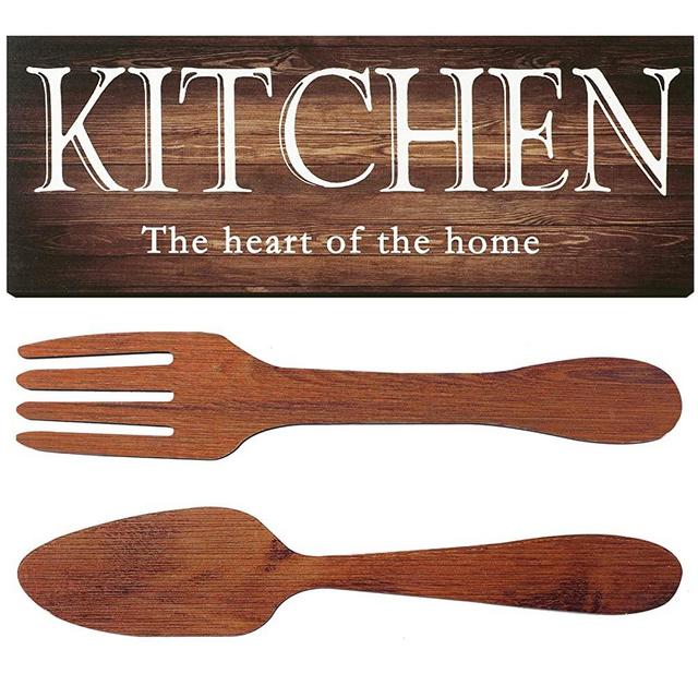 Kitchen Sign Set, Fork and Spoon Wall Decor Kitchen The Heart of The Home Sign Wood Rustic Kitchen Decoration Farmhouse Kitchen Wall Decor for Home Dining Room Housewarming Kitchen Decor (Brown)