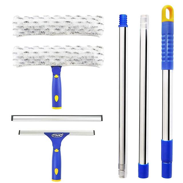 ITTAHO Squeegee for Window Cleaning,Squeegee and Microfiber Scrubber Combi with Stainless Steel Pole,Extendable Squeegee Window Cleaner for Car,Sliding Door,Shower Glass Door-Swivel Style-2 Pads