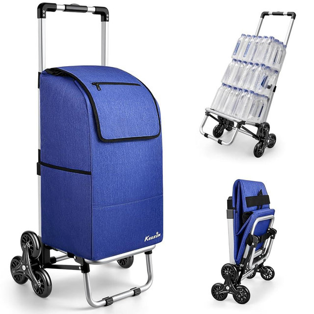KEDSUM 2 in 1 Aluminum Alloy Stair Climbing Cart, 300LBS Grocery Cart on Wheels, Foldable Shopping Carts with Waterproof Oxford Blue Bag for Groceries, Lightweight & Durable Aluminum Frame