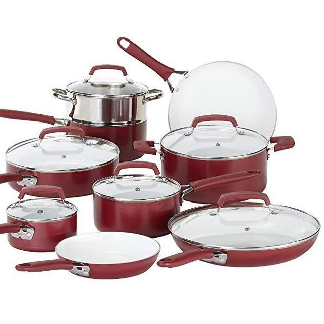 WearEver 2100087606 15 Piece Ceramic PTFE PFOA & Cadmium Free Nonstick Cookware Set, Red