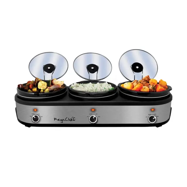 MegaChef Triple 2.5qt Slow Cooker and Buffet Server Stainless Steel