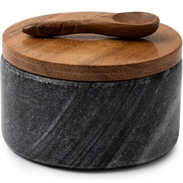 Cork & Mill Grey Marble Salt Cellar with Acacia Wood Lid and Spoon - Elegant Modern Salt Container for Countertop - Handcrafted Pepper Pot - Wide 4” Pepper Holder with Non-Skid Feet