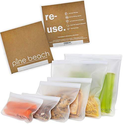 Reusable Storage Bags - 6 Pack PINE BEACH |2 Large Gallon Bags, 2 Sandwich Bags, 2 Snack baggies | Safe Ziploc Leakproof Seal, BPA & Silicone Free, Best Washable Eco Stasher for Lunch Food Travel