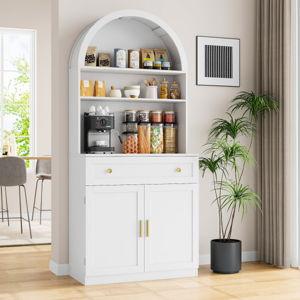 70" Tall Arched Kitchen Pantry, Modern Kitchen Storage Cabinets with Open Shelves - White