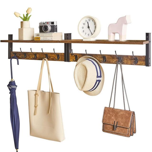 YMYNY Coat Rack Wall Mount with Shelf, 2 Pack 23.6" Coat Hooks Wall Mount, Wall Hooks for Hanging, Coat Hanger Wall Mount, Hat Rack for Wall, Towel Hooks for Bathrooms, Rustic Brown UHWS004H-2