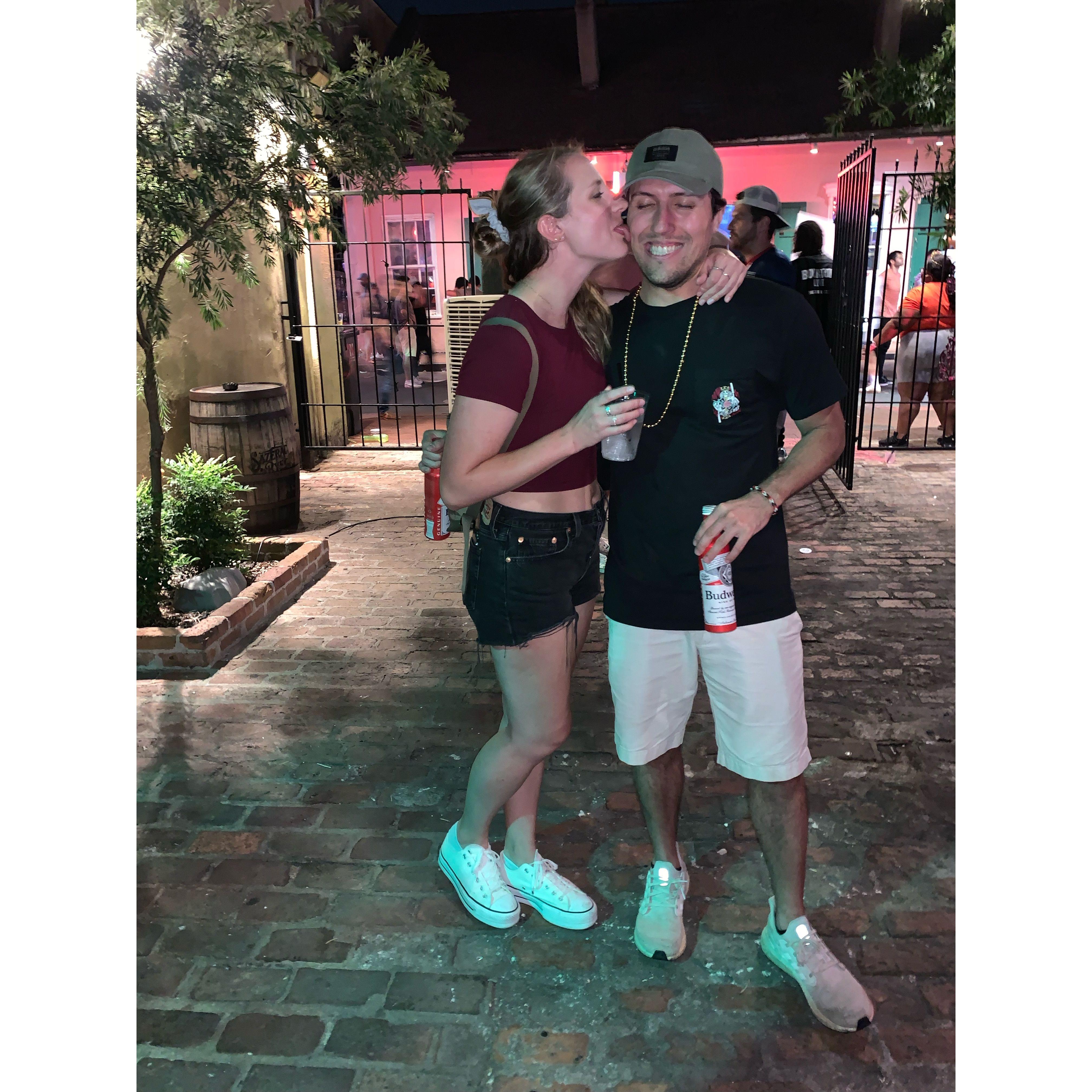 Our first night out in New Orleans. Leiya loves the sneaky kiss-the-cheek-jk-lick-the-cheek move.