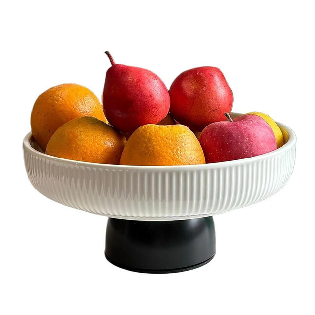 JolieJulie Ceramic Fruit Bowl,11" Decorative Bowl with Silicone Placemat, Large Fruit Bowl for Kitchen Counter, Pedestal Bowl, Kitchen Counter Décor, Bread Candy Snacks Organizer, White