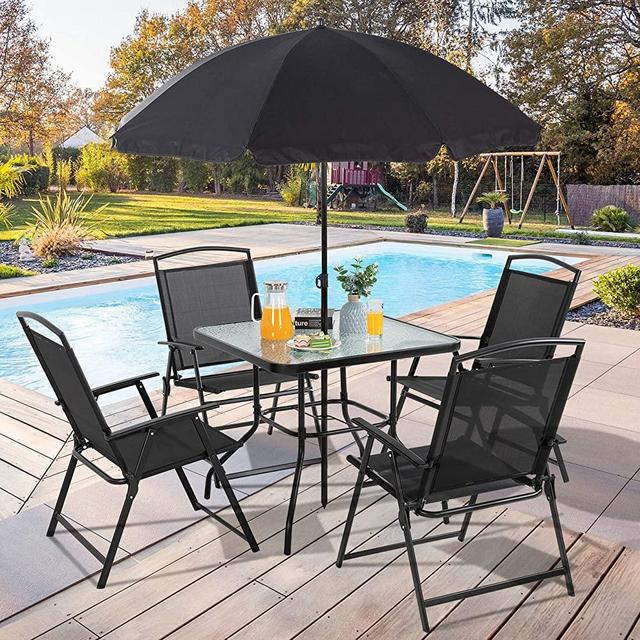 Vongrasig 6 Piece Folding Patio Dining Set, All Weather Small Metal Outdoor Table and Chair Set, Garden Patio Furniture Set w/Umbrella, Glass Table & 4 Folding Chairs for Lawn, Deck, Backyard, Black