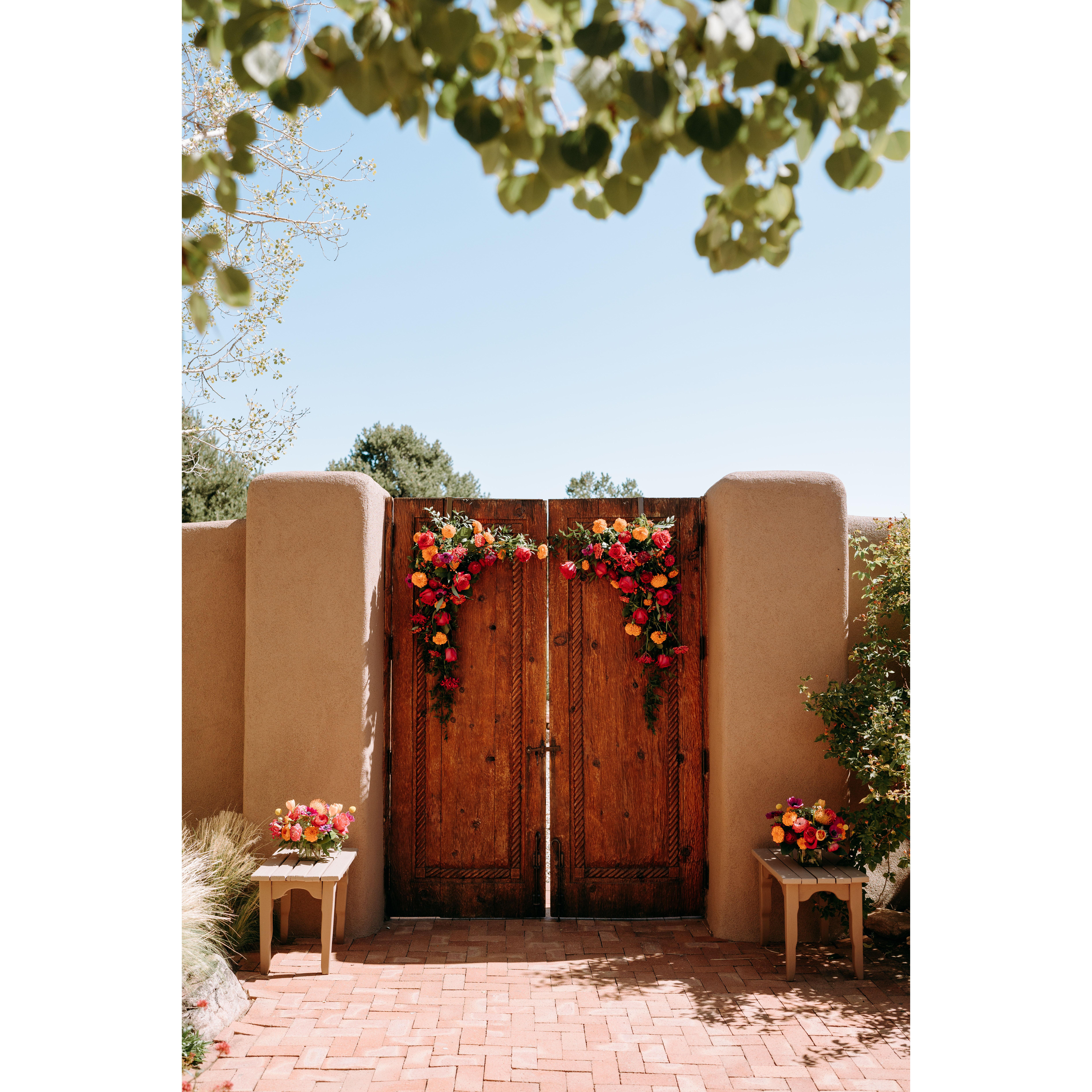The courtyard doors, adorned with flowers, where we said our "I do's"