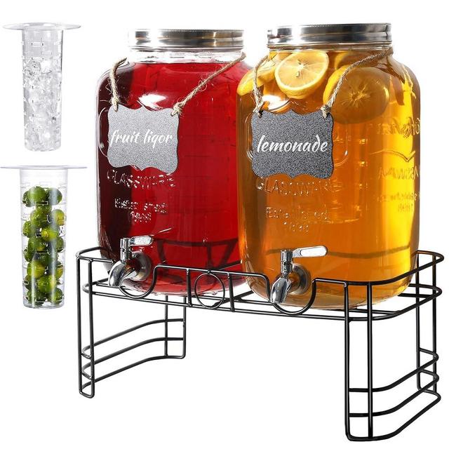 2 Gallon Drink Dispensers for Parties, 2 Pack Beverage Dispensers with Stand, Glass Water Jug Dispenser, with 18/8 Stainless Steel Spigot, Great for Party, Wedding, Picnic, BBQ