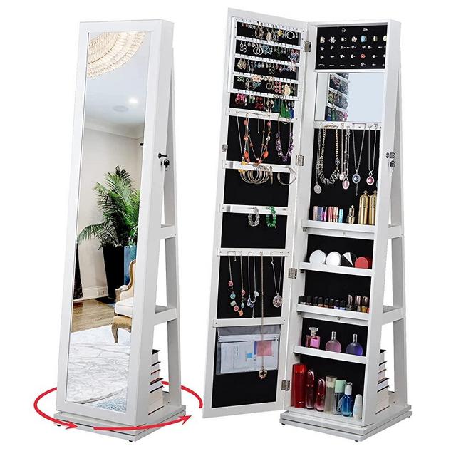 BOSTANA Jewelry Armoire 65" H,Full Length Mirror 360° Swivel, Storage Shelves, Lockable Standing Jewelry Cabinet Organizer with Large Storage Capacity,living room,bedroom(White)