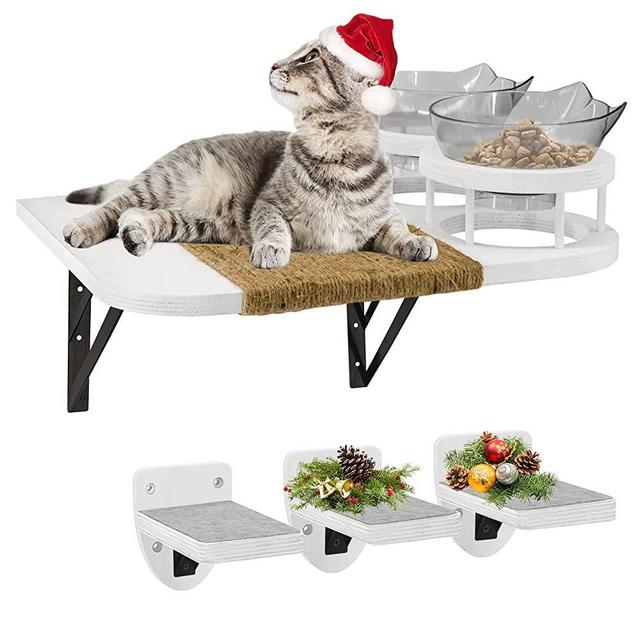 Cat Hammock Cat Wall Shelves with 3 Steps, Cat Shelves and Perches with 2 Cat Food Shelf, Cat Climbing Shelf Cat Scratching Post Cat Wall Shelf for Indoor, Cat Steps with Plush Covered, Gift for Cat