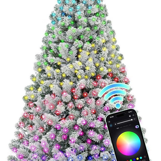 HOLLO STAR 7.5 ft Flocked Prelit Christmas Tree with 503 LED Lights, App Control, Artificial Christmas Tree, Multi-Color RGBW Lights, 1355 Branch Tips, Snow Xmas Tree, for Home, Party